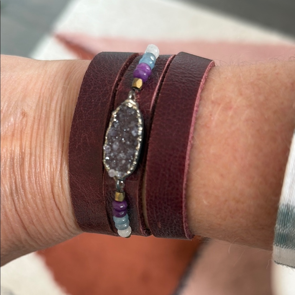 Nakamol Leather and Druzy Wrap Adjustible Bracelet GUC